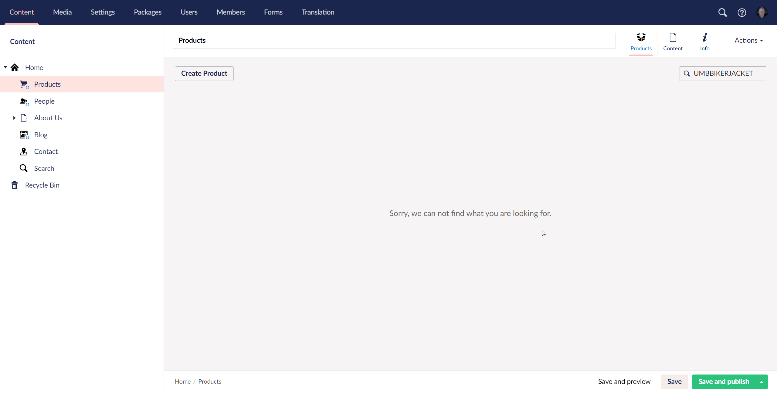 Umbraco List view where searching for a sku returns no product nodes