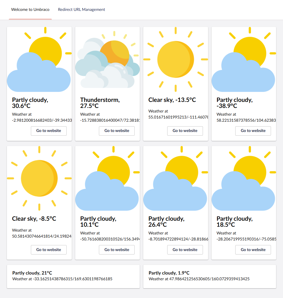 A useless news dashboard in Umbraco showing weather information from random places on Earth