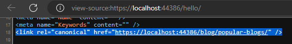 Screenshot of the source code of the Hello node, showing the canonical link pointing the the Popular blogs node