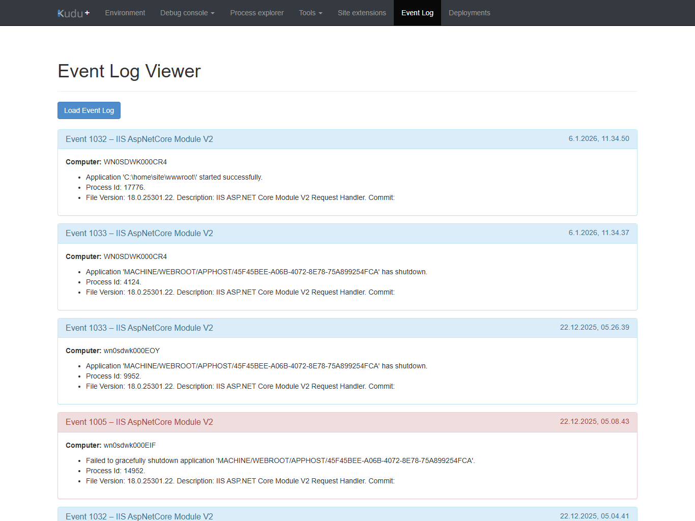 Screenshot of the Event Log Viewer provided by the Kudu Event Log Viewer userscript