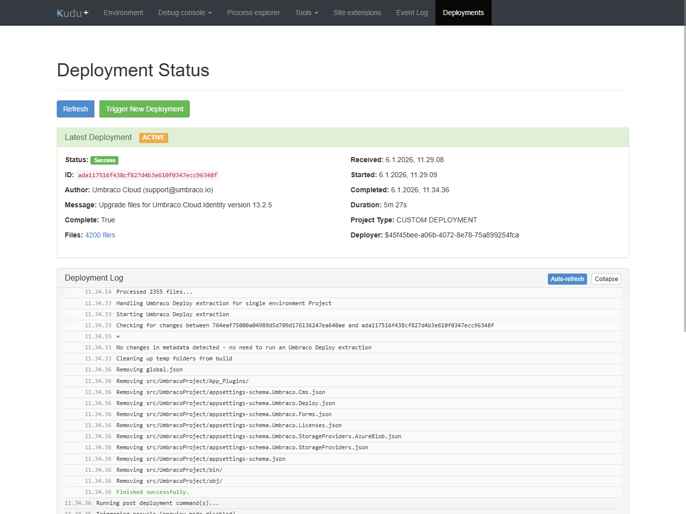 Screenshot of the Deployment Viewer provided by the Umbraco Cloud Deployment Viewer userscript