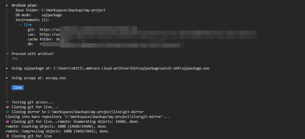The wizard downloading blobs and exporting the database