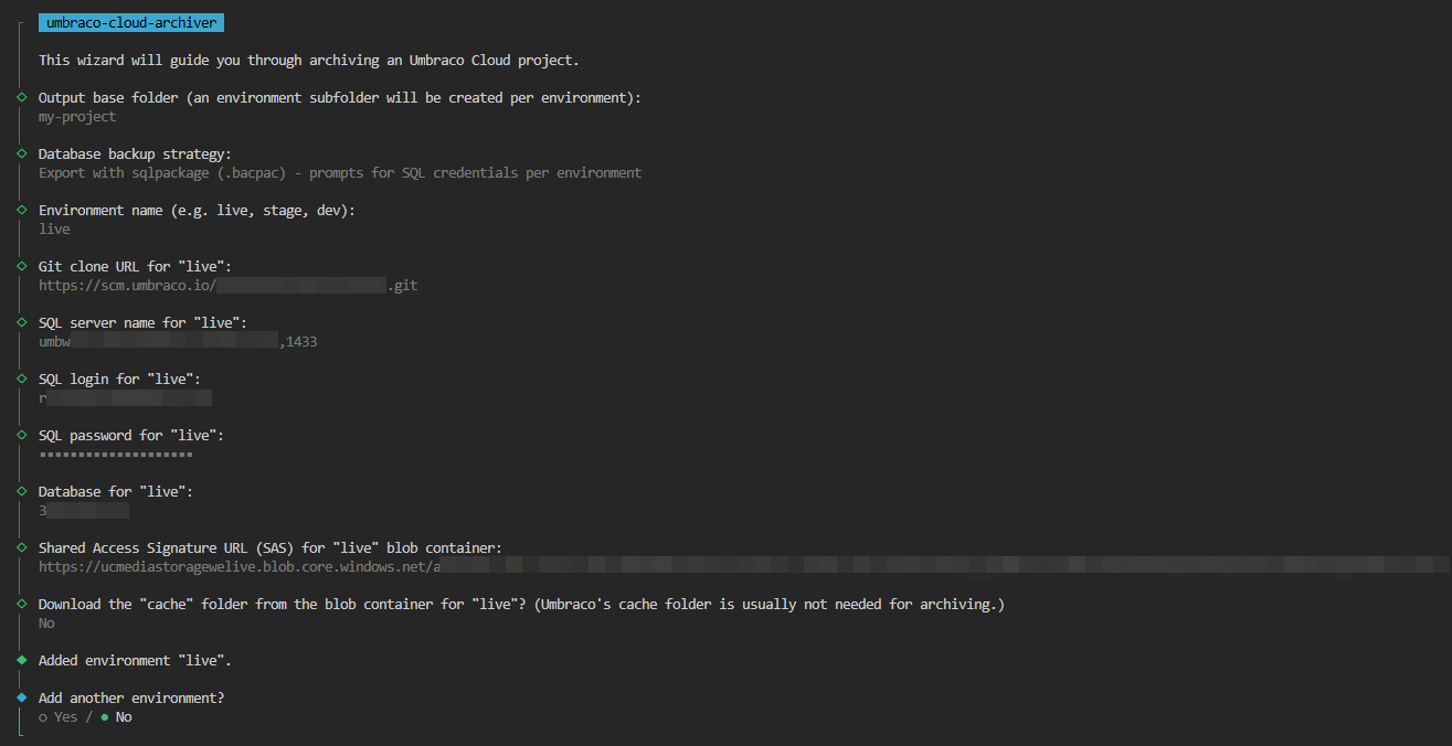 The umbraco-cloud-archiver wizard running in the terminal