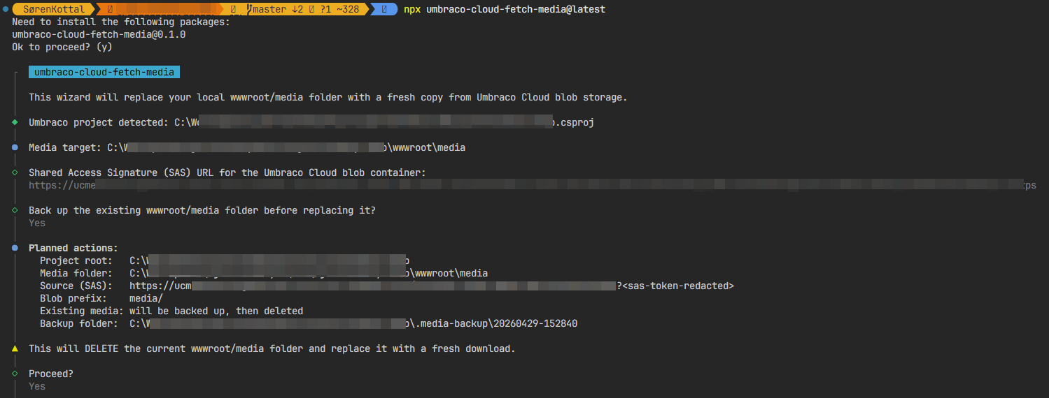 The umbraco-cloud-fetch-media wizard asking for the container SAS URL